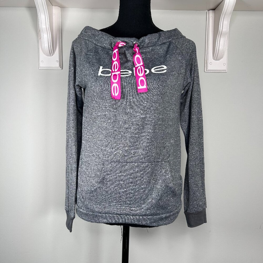 Bebe Sleepwear Sweatshirt Women's Small Boatneck Gray Logo Pouch Pocket